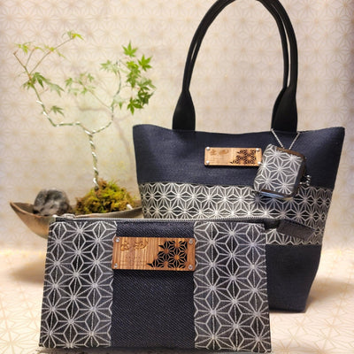 [Hemp Leaf Pattern] Denim Edging (Heri) × Asagiri Tote Bag 3-Piece Set  (Tote Bag, Wallet, Coin Purse)Denim