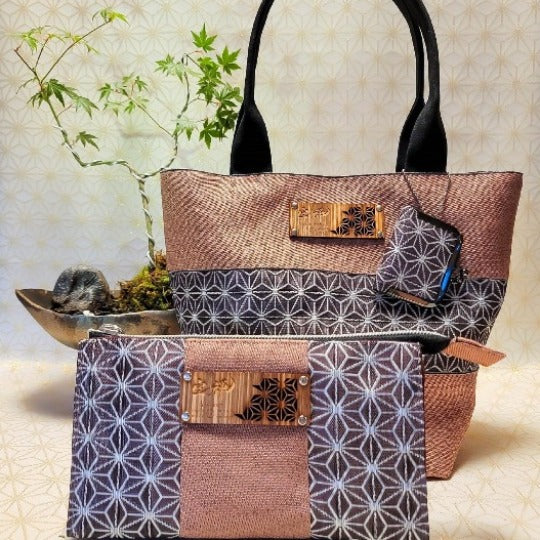 [Hemp Leaf Pattern] Sakura Edging × Asagiri Tote Bag 3-Piece Set (Tote Bag, Wallet, Coin Purse)Red