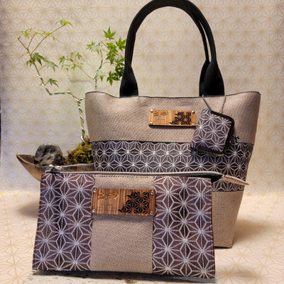 [Hemp Leaf Pattern] Coral Edging × Asagiri Tote Bag 3-Piece Set (Tote Bag, Wallet, Coin Purse)Purple