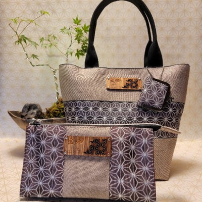 [Hemp Leaf Pattern] Coral Edging × Asagiri Tote Bag 3-Piece Set (Tote Bag, Wallet, Coin Purse)Purple