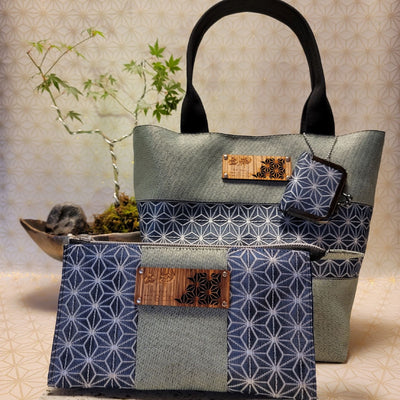 [Hemp Leaf Pattern] Celadon Edging × Asagiri Tote Bag 3-Piece Set (Tote Bag, Wallet, Coin Purse)Blue