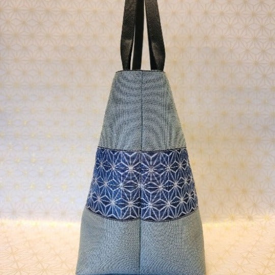 [Hemp Leaf Pattern] Celadon Edging × Asagiri Tote Bag 3-Piece Set (Tote Bag, Wallet, Coin Purse)Blue