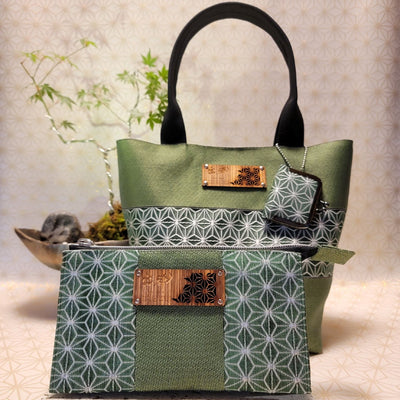 [Hemp Leaf Pattern] Mugwort Edging × Asagiri Tote Bag 3-Piece Set (Tote Bag, Wallet, Coin Purse)Green