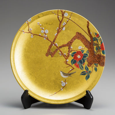 Decorative dish Japanese bush warbler on ume apricot and camellia