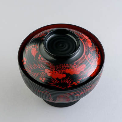 Zoni bowl, flat-grain black and vermilion lacquering