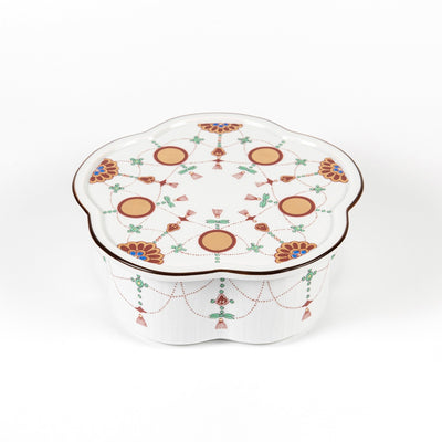 Flower-shaped porcelain box: Yoraku pattern with lavish red-rimmed sun disks