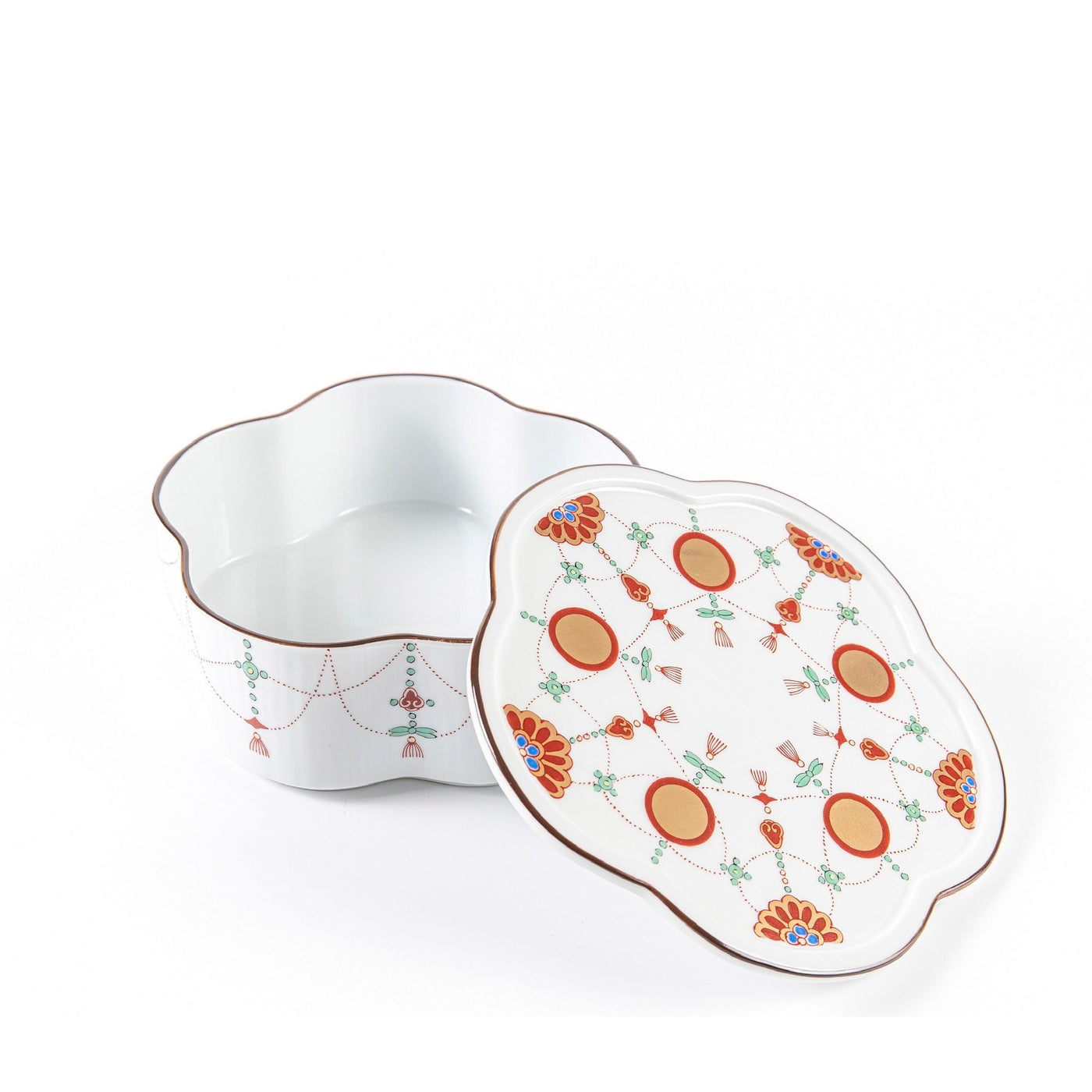 Flower-shaped porcelain box: Yoraku pattern with lavish red-rimmed sun disks