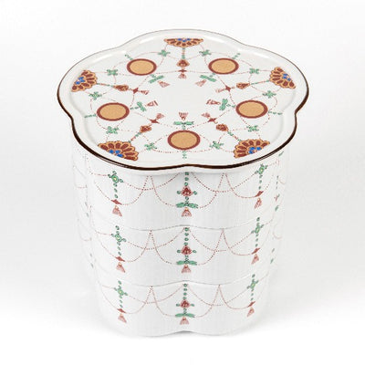 Flowed-shaped three-tiered food box: Yoraku pattern with lavish red-rimmed sun disks