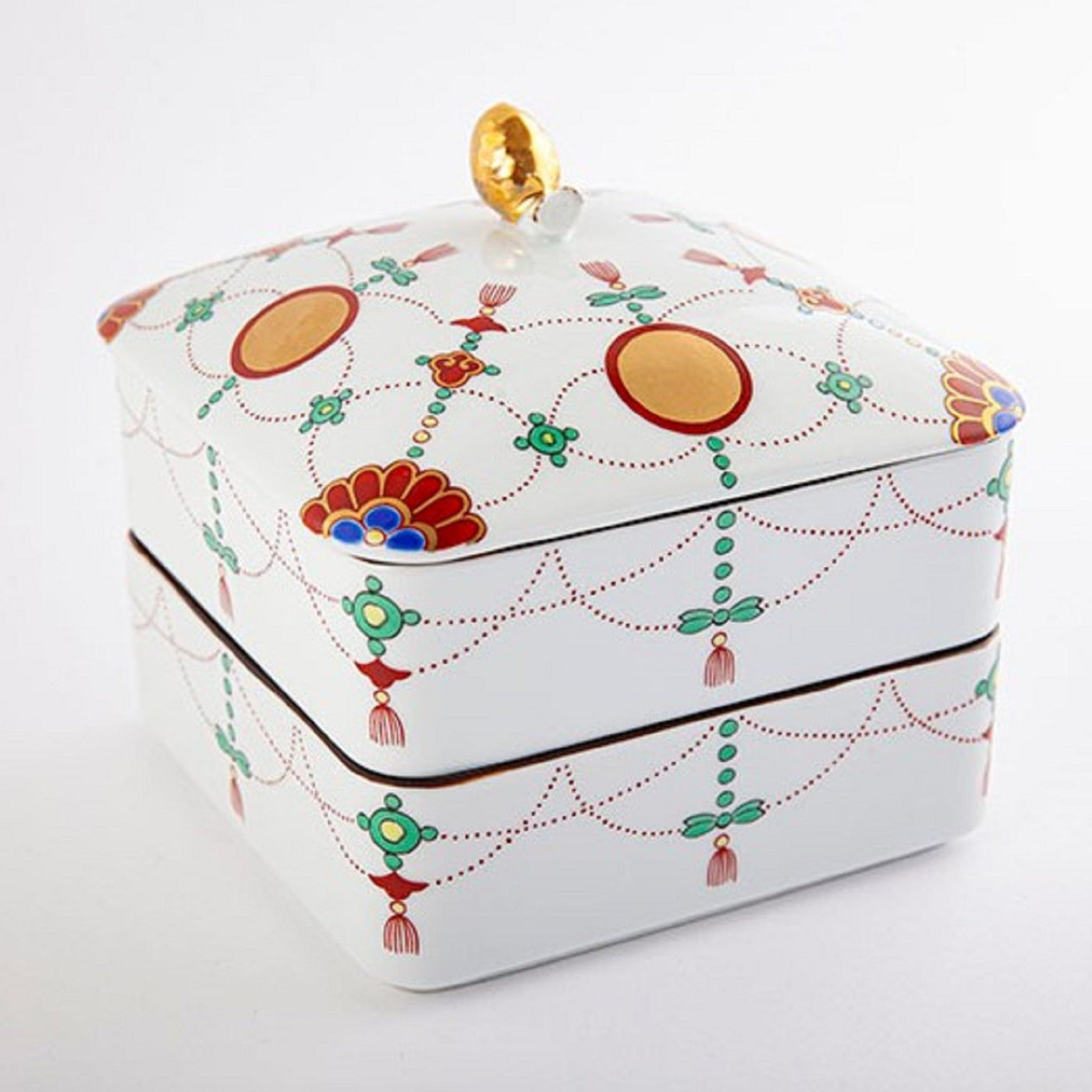 Rectangular two-tiered food box: Yoraku pattern with lavish red-rimmed sun disks